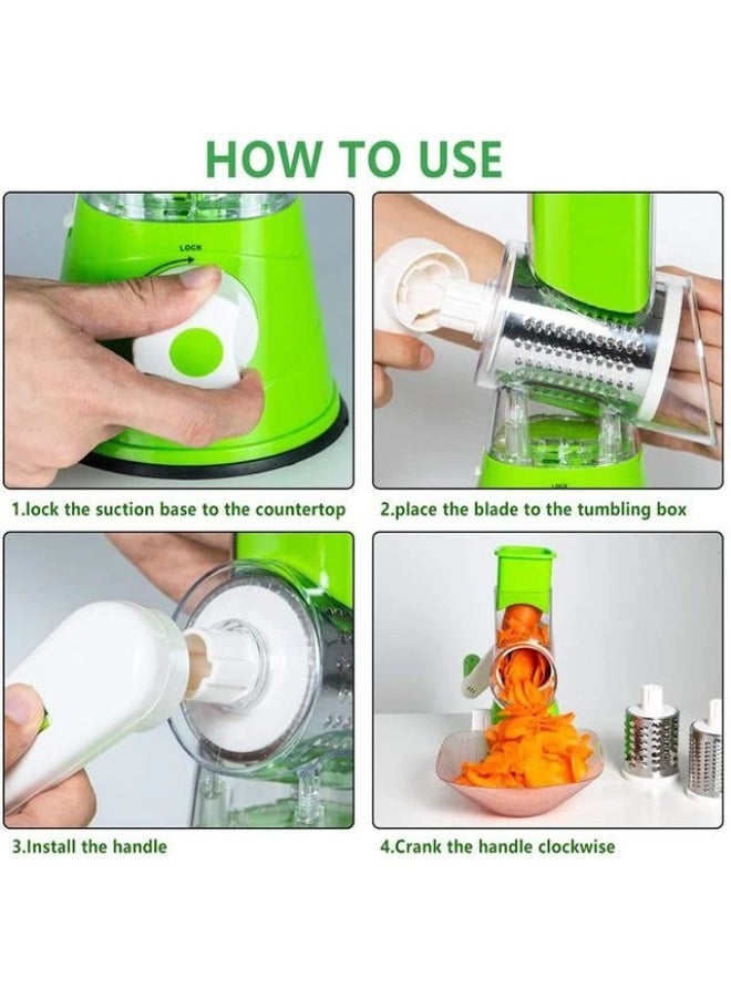 3-in-1 Manual Tabletop Drum Slicer & Vegetable Grater - Rotary Cheese Shredder, Mandoline Cutter & Nut Grinder with 3 Interchangeable Stainless Steel Blades & Suction Base (Green) - Image 3